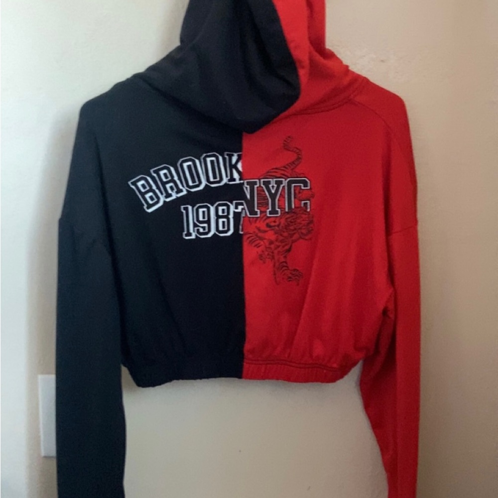Red and black cropped sweatshirt. From Charlotte Russe.